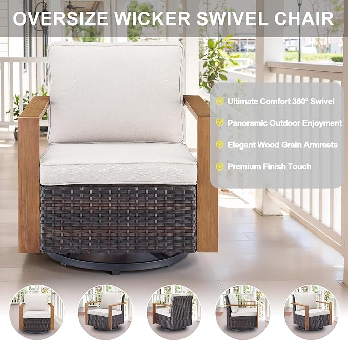 Belord Modern Outdoor Patio Furniture 7 - Person Outdoor Swivel Glider Seating Group, Backyard Wicker Furniture Set with Aluminum Armrests, Brown Wicker Beige Cushion