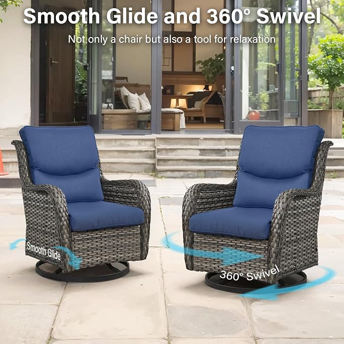 Outdoor Swivel Rocker Patio Chairs with 2 Ottomans - 5" Thick Cushion 5 Piece Furniture Set All Weather Wicker Conversation Set with Side Table for Porch Poolside and Deck - Gray/Blue