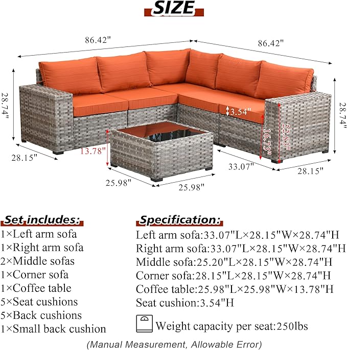 HOOOWOOO Outdoor Patio Sectional Furniture Sofa Set with Widened Armrest,6 Piece Small Modern Wicker Couch,Modular L Shaped Conversation Seating Set with Table for Out Door Garden Corner(Orange Red)