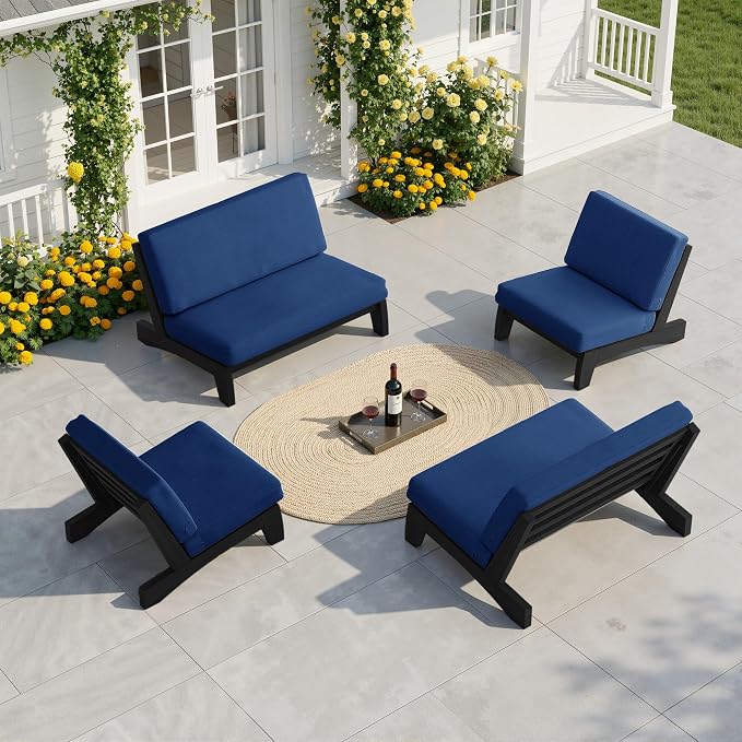 Pia Ricoo 4 Piece Patio Furniture Sets, Outdoor Furniture with 2 Chairs & Coffee Table, Patio Conversation Set for Backyard, Deck, Lawn, Navy, Dark Wood