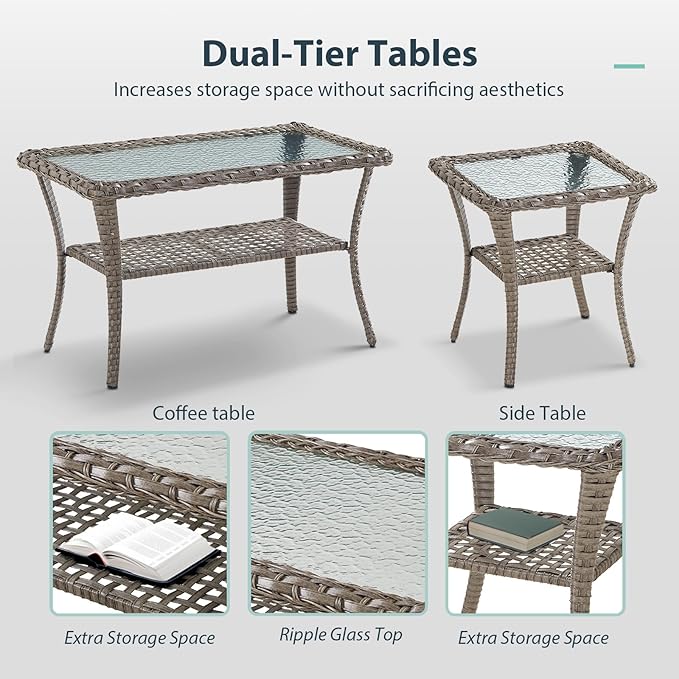 5 Piece Patio Furniture Set - Wicker Patio Conversation Set with Swivel Glider, Glider Loveseat, Tempered Glass Side Table and Coffee Table for Deck Backyard - Grey Wicker Blue Cushion