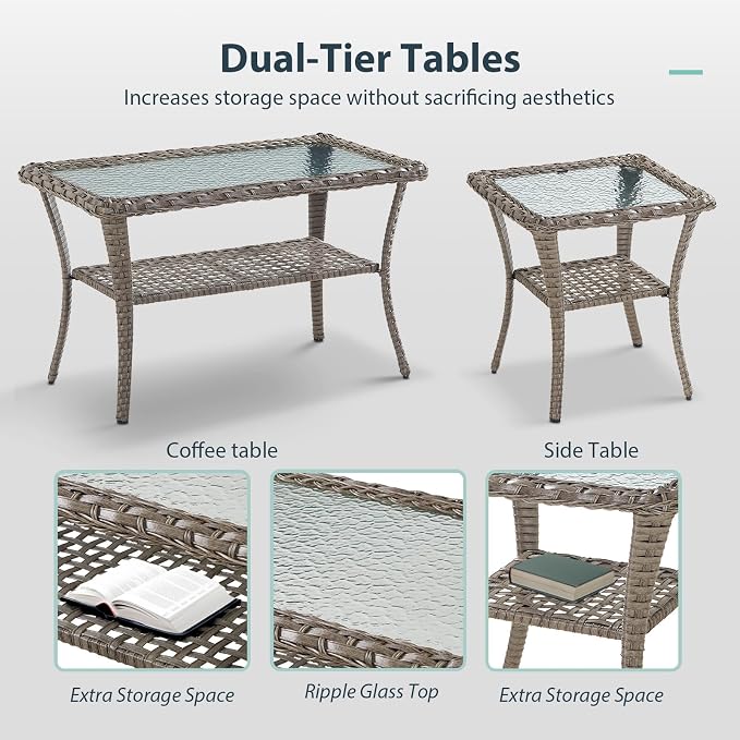 7 Piece Patio Furniture Set - Wicker Patio Conversation Set with Swivel Glider, Glider Loveseat, Tempered Glass Side Table and 2 Ottomans for Deck Backyard - Grey Wicker Blue Cushion