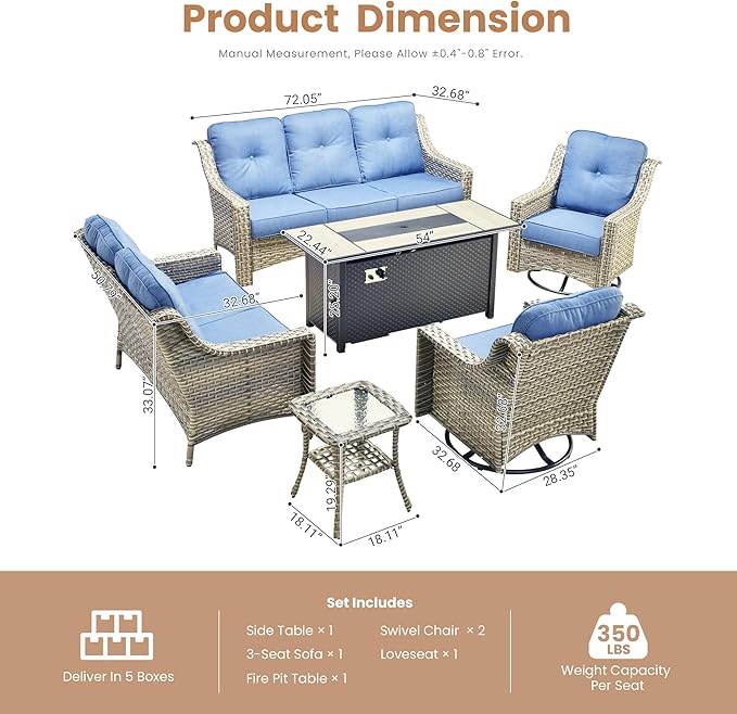 HOOOWOOO Patio Furniture Set,6 Pieces Wicker Outdoor Furniture,High Back Conversation Set with All Weather Resistant Fire Pit Table Couch Swivel Chairs,Diamond Blue