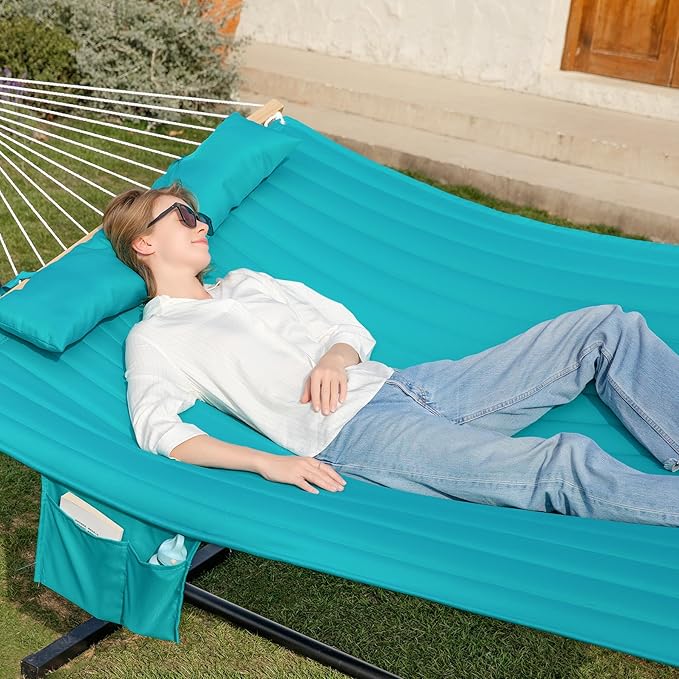 2 Person Hammock with Stand for Outside, Heavy Duty Steel Stand, Double 55inch Hammocks, Large Removable Pillow, Storage Bags, Max 475 lbs Capacity (Lake Aqua)