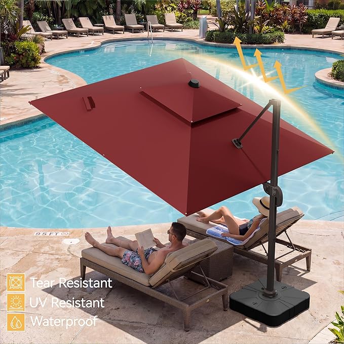 10x10 FT Patio Umbrella with Base, Large Cantilever Double Top Heavy Duty Offset Umbrellas with 360° Rotation, Outdoor shade for Garden Deck Pool, Red