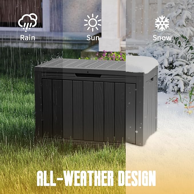 55 Gallon Outdoor Deck Storage Box, Weatherproof Wood Grain Lockable Storage Bin for Patio, Backyard & Poolside Indoor Outdoor Storage (Black,55GAL)