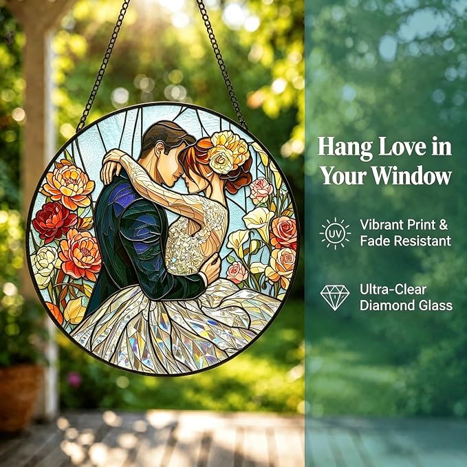 Statement Deluxe Bundle | Stained Glass Window Hanging, Love Heart 3D Embossed Diamond Glass Suncatcher, 7-Piece Romantic Gift Set with Crystal Pendant & Invisible Hooks