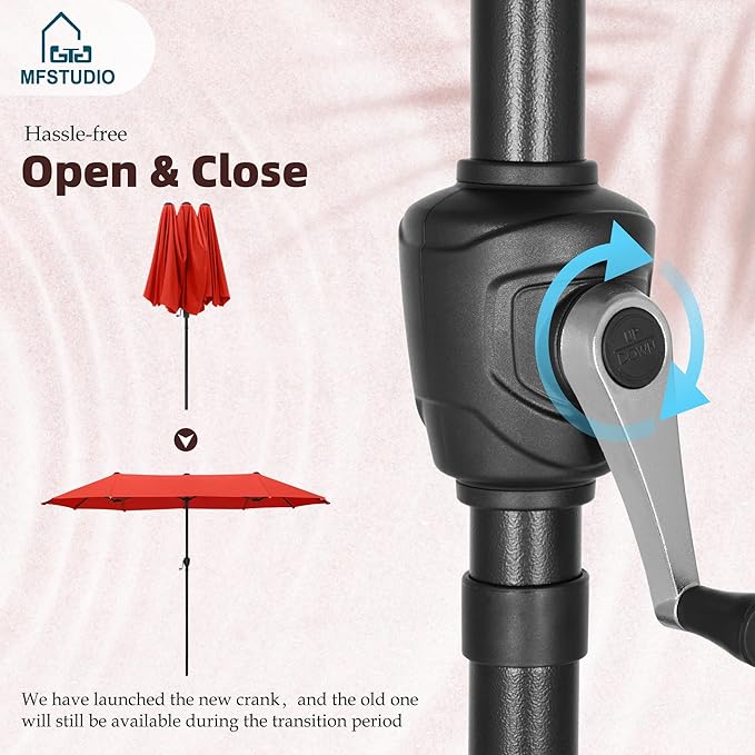 MFSTUDIO 13ft Outdoor Patio Umbrella, Double Sided Large Rectangular Umbrella Market Table Twin Triple Rectangle Umbrellas with Crank Handle for Outside Picnic Backyard Deck Pool (no base)