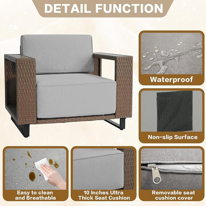 5 Pieces Outdoor Patio Furniture Set, PE Rattan Weaving Sofa with 10 inch Thick Cushions, with Dining Table,Coffee Table and 2 footstools, Steel Frame, Outdoor Conversation Set Brown/Beige/Wood