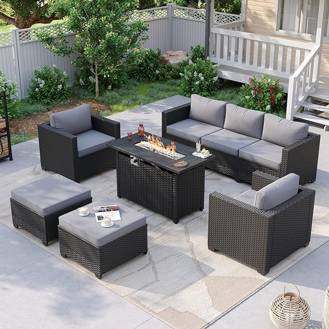 Aoxun Patio Furniture Set with Fire Pit Table, 6 Piece Outdoor Furniture Set with Wicker Ottomans, Rattan Outdoor Sectional Sofa with Thickened Cushion & Waterproof Cover Grey