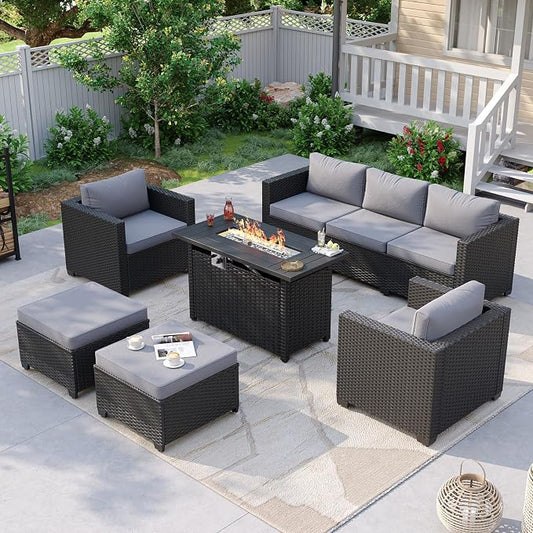 Aoxun Patio Furniture Set with Fire Pit Table, 6 Piece Outdoor Furniture Set with Wicker Ottomans, Rattan Outdoor Sectional Sofa with Thickened Cushion & Waterproof Cover Grey
