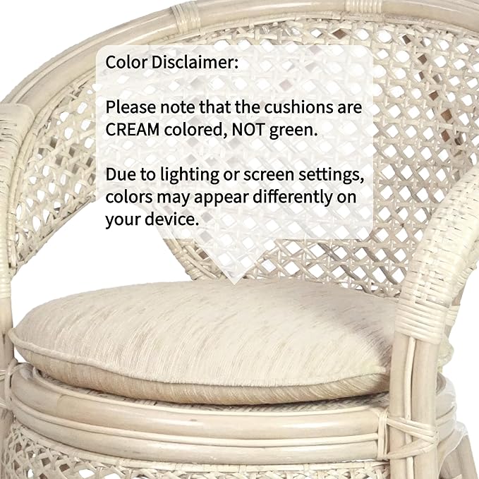 3 Pcs Pelangi Rattan Wicker Dining Set Round Table Glass Top and 2 Arm Chairs with Cream Cushion, White Color