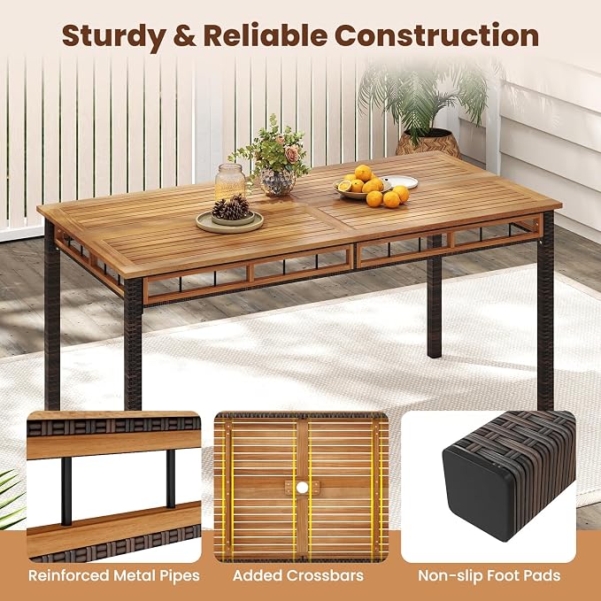 Tangkula 63-Inch Outdoor Dining Table for 6, Rectangular PE Rattan Patio Table with Acacia Wood Slatted Tabletop, 1.97" Umbrella Hole & Metal Frame, Outside Dining Furniture for Backyard, Garden, Deck