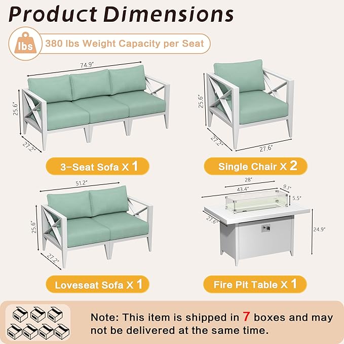 8-Piece Oversized Aluminum Patio Furniture Set with Fire Pit Table, Coffee Table & Weather-Resistant Outdoor Sofa — Luxe Outdoor Conversation Set for Deck, Garden, Poolside-White