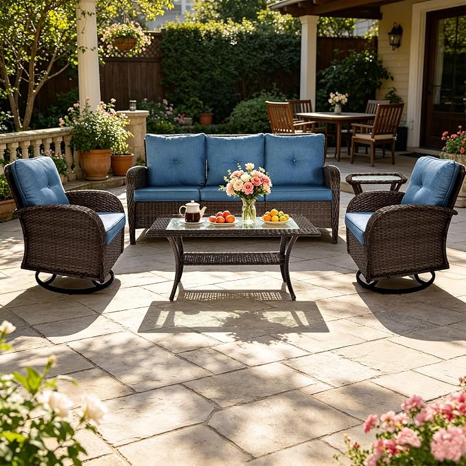 SHGJ&SOFT All Weather Patio Furniture Set, High Back Swivel Rocker Glider Chairs，Ottomans & Glass Tables, Outdoor Conversation Set for Deck Porch Yard Poolside (Blue, 5PCS-Sofa&Swivel Chairs&Tables)