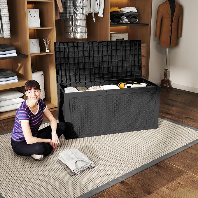 110 Gallon Outdoor Deck Storage Box, All Weather Diamond Woven Textured Lockable Storage Bin for Poolside, Patio & Backyard Large Outdoor Storage (Black,110GAL)