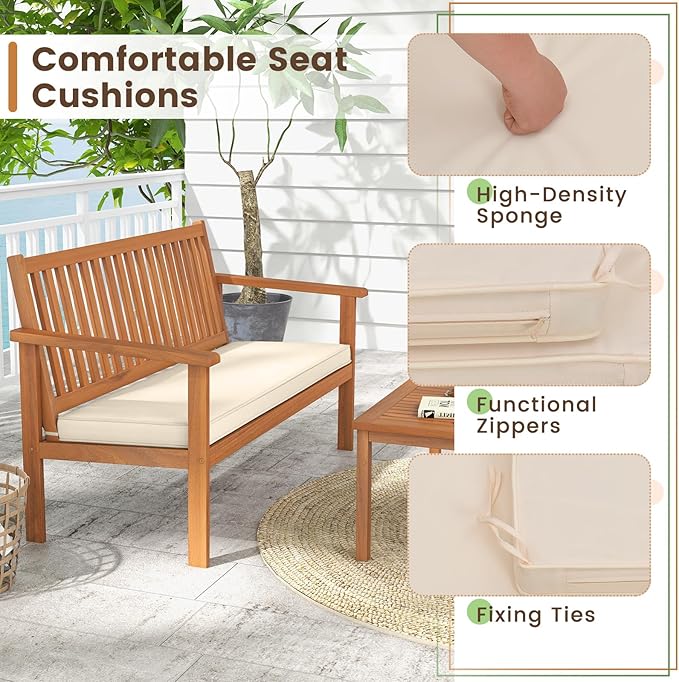 Tangkula 4 Piece Patio Wood Furniture Set, Acacia Wood Sofa Set w/Loveseat, 2 Chairs & Coffee Table, Soft Seat Cushions, Outdoor Wood Furniture Set for Porch, Yard, Balcony (Off White), OneSize