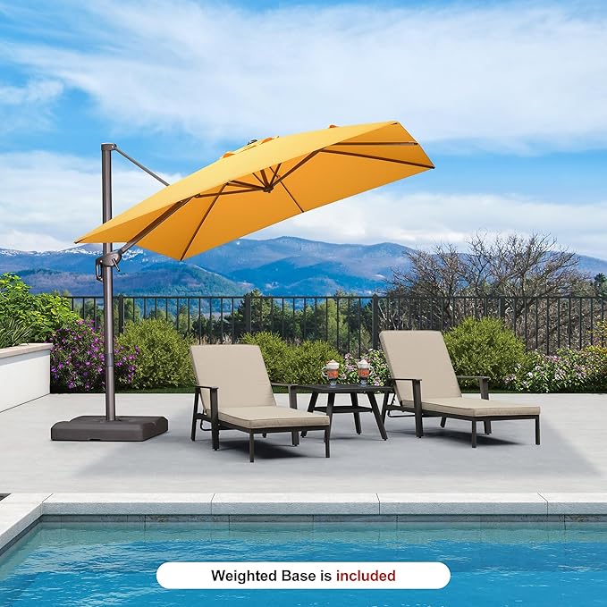 PURPLE LEAF 9' X 9' Patio Umbrella With Base Antique Bronze Square Cantilever Umbrella Outdoor with 360° Rotation and Aluminum Offset Hanging for Pool Deck Garden Backyard, Yellow
