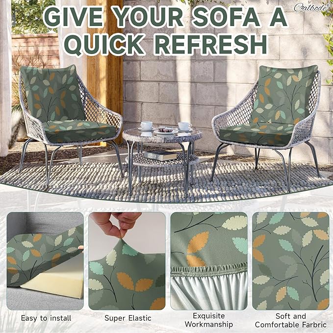 CALBODE 8Pcs Stretch Patio Cushion Cover for Autumn, Couch & Sofa Slipcovers for Patio Furniture Cushions Washable Reusable Couch Covers Replacement Fall Home Decor (Green Leaf Printed, Cover Only)