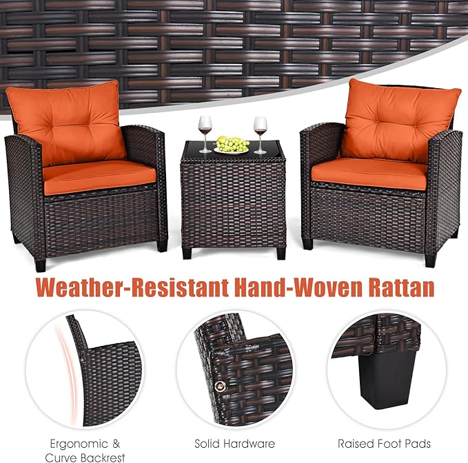KOTEK 3 Piece Patio Furniture Set, Outdoor Conversation Set with Washable Cushions & Tempered Glass Tabletop, PE Rattan Wicker Bistro Set for Porch, Garden, Balcony (Orange)