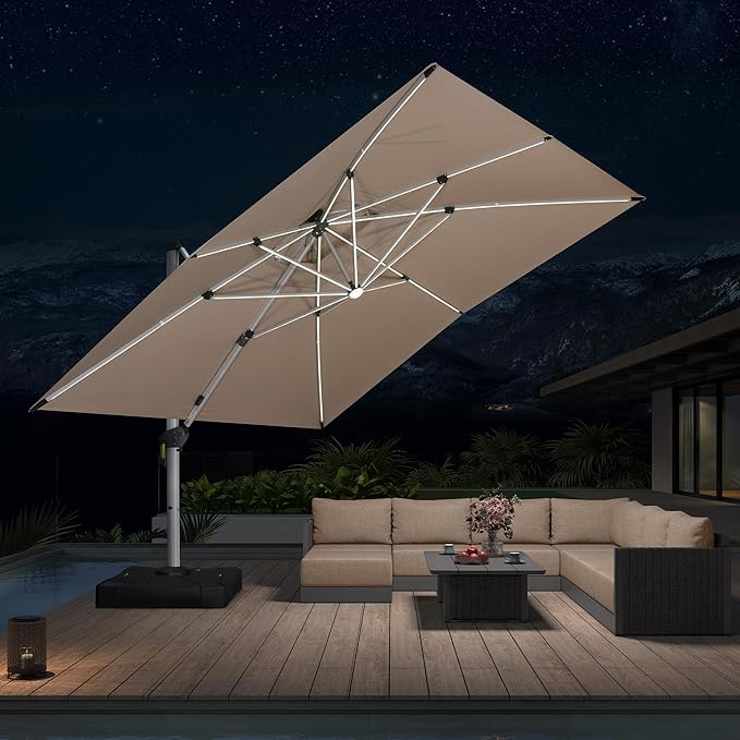 PURPLE LEAF 12' X 12' Solar Powered LED Patio Large Umbrella Offset Double Top Hanging Umbrella Outdoor Market Umbrella for Garden, Spectrum Sand