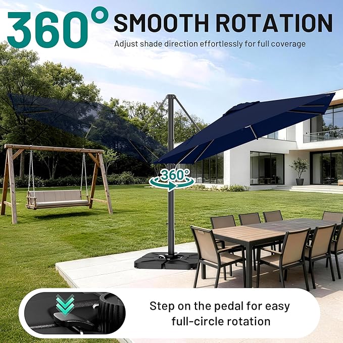 AreShark 9 × 9FT Square Cantilever Patio Umbrella with Base Included, 360° Rotation Offset Outdoor Umbrella, 5 Tilt Settings Heavy Duty Hanging Parasol for Deck Garden Pool, Navy