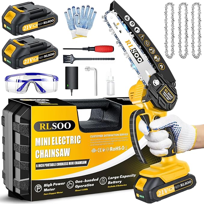 Mini Chainsaw Cordless, RLSOO 6 Inch Electric Chain Saw, Portable Small Handheld Chain Trimmer for Wood Cutting, Tree Trimming, Courtyard, Household, and Garden (Includes 2 Batteries and 3 Chains)