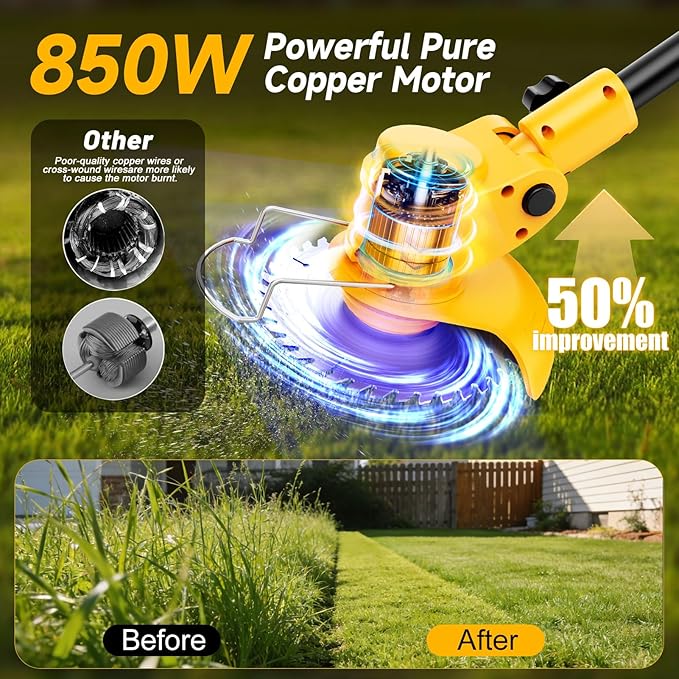 Electric Weed Wacker Cordless with Wheels,Electric Weed Eater Battery Powered,4 in 1 Grass Trimmer/Brush Cutter/Grass Edger/Small Lawn Mower,No String Trimmer with Metal Blade,2 Battery (Black Yellow)