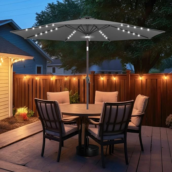 FLAME&SHADE 11 FT Solar Light Patio Umbrella, 40 LED Lights Outdoor Umbrella with Centre Surround Light, Table Market Umbrella for Deck, Pool, Porch, Backyard, Garden, UV Protection, Anthracite