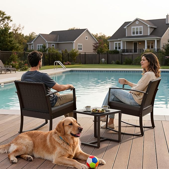 Greesum 3 Pieces Outdoor Furniture Set Patio Bistro Rocking Chairs with Glass Coffee Table for Pool Beach Backyard Balcony Porch Deck Garden, Gray