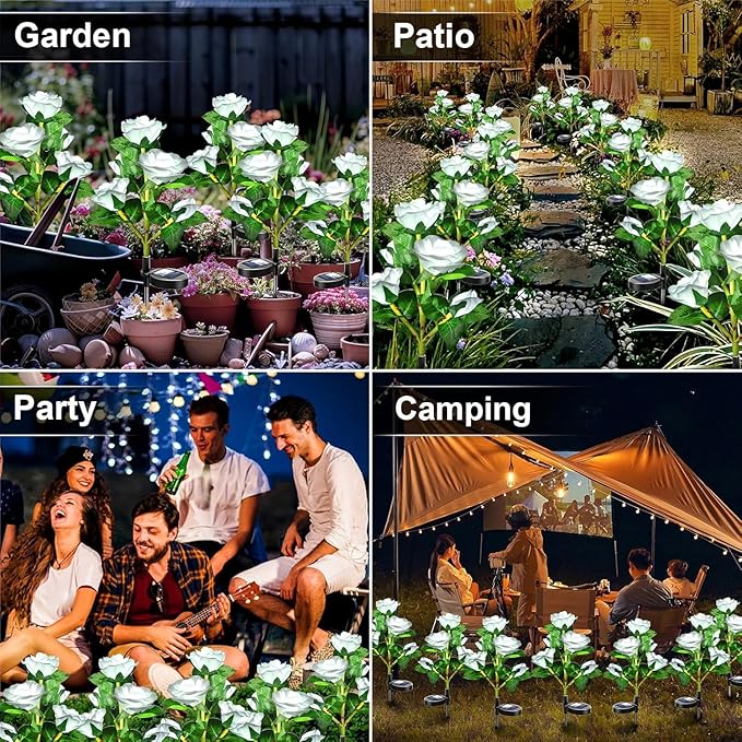 Anordsem Solar Garden Lights Outdoor: 20 Artificial Fabric White Roses Flowers 4 Pack- LED Flower Decorations for Cemetery Grave Pathway Yard- Valentine's Day Gifts for Women, Wife and Mother
