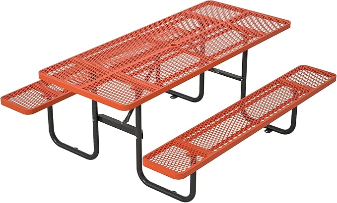 Coated Steel Heavy Duty Picnic Table for Outdoors 2200 lbs Load, Rectangular Camping Table with 1.78" Umbrella Hole, Commercial Picnic Table with Benches, Orange