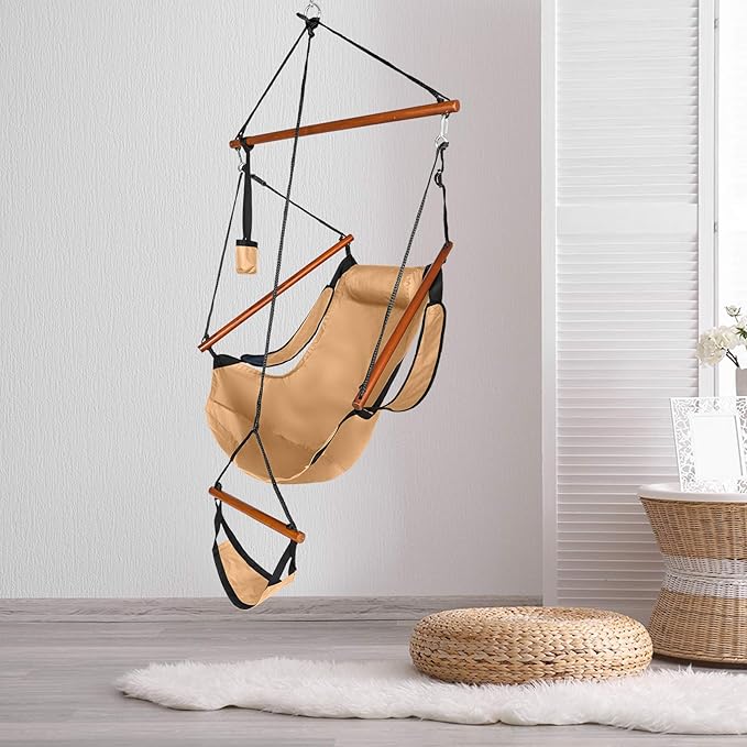 Hammock Hanging Sky Chair with Footrest, Folding Camping Air Deluxe Swing Seat with Rope, Heavy Duty Foldable Rocker with Cup Holder for Outdoor Beach Patio Sport Lawn (Khaki)