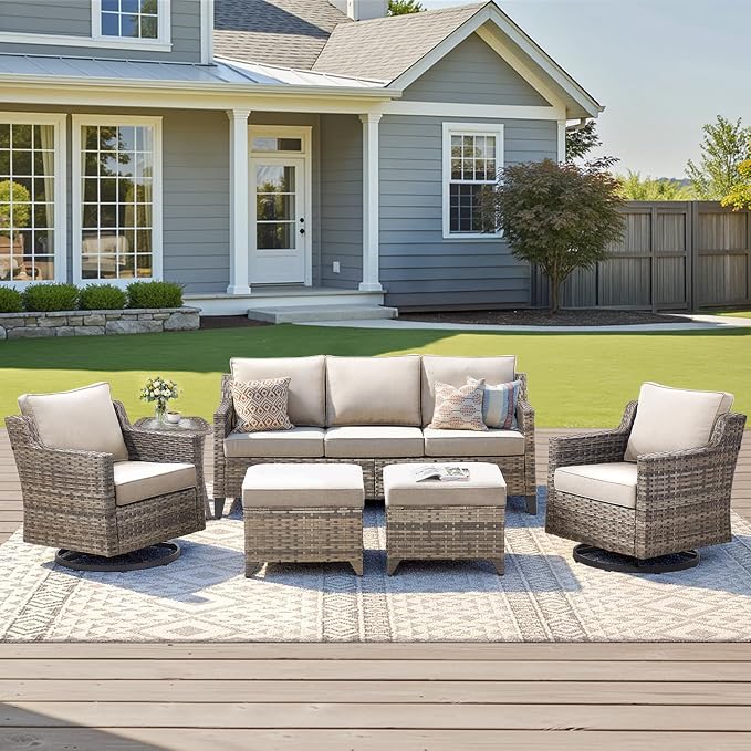 6 Piece Outdoor Patio Wicker Furniture Sets-High Back Outdoor Conversation Set Sectional Sofa with Wicker Swivel Rocker Patio Chairs,Thick Cushions Ottomans for Porch Balcony Patio Deck Grey/Beige