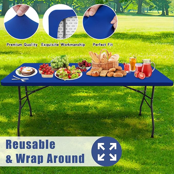 Moosfor Spandex 6 Foot Rectangle Table Cloth 2 Pack, Elastic Fitted Tablecloths for Picnic, Stretch Washable Patio Table Cover for Outdoor, Camping, Banquet and Parties (Blue, 30"x72")