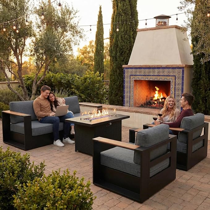 LayinSun 4 Pieces Aluminum Patio Furniture Set with Fire Pit Table, Oversized Outdoor Conversation Set 4 Seats with 6" Thick Cushions for Outside Porch, Balcony, Deck