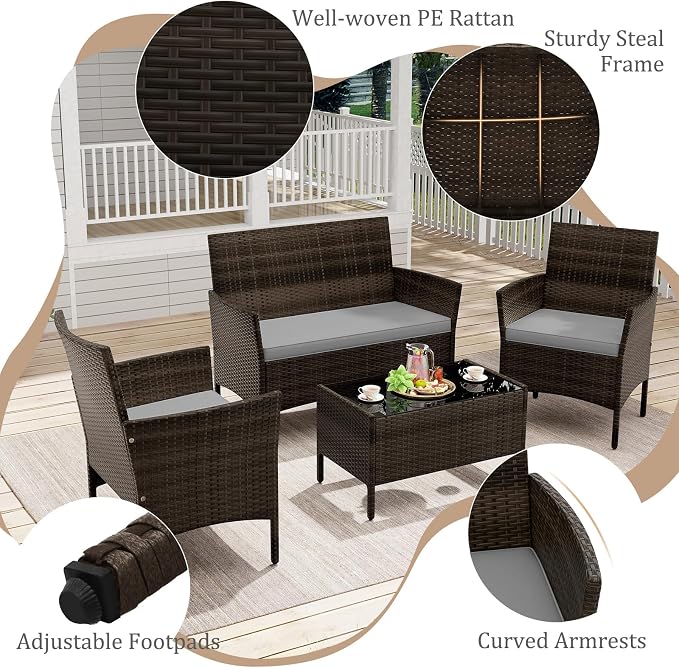 4 Piece Patio Furniture Set, Sectional Conversation Sofa Set with Glass Coffee Table, Cushions & Loveseat, Wicker Outdoor Table and Chairs for Pool, Garden, Deck, Backyard (1, Grey)