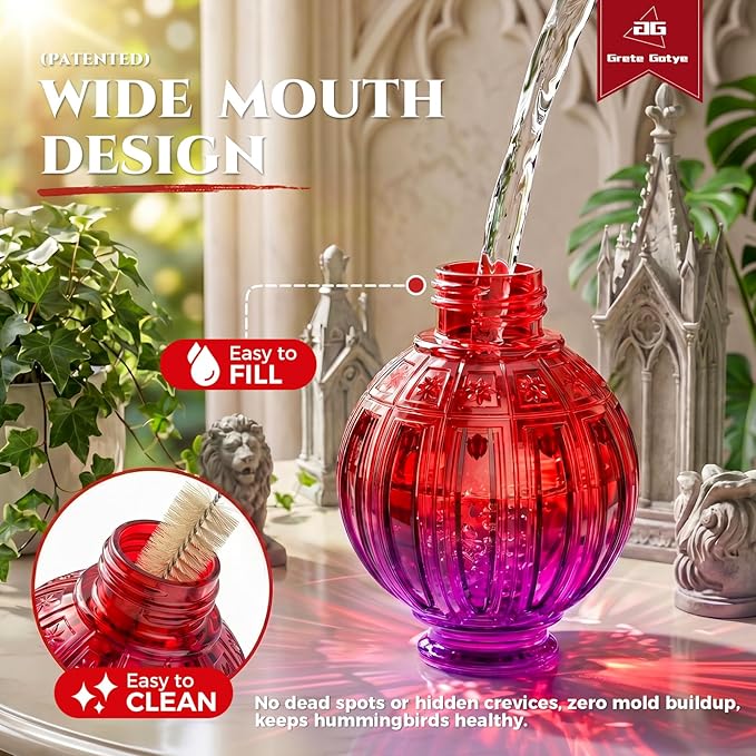 Glass Hummingbird Feeder for Outdoors Hanging, 26Oz Bird Nectar Feeder with Perch & 5 Flower Feeding Ports, Leak Proof for Outside Garden Decor Backyard, Gifts for Women Mom, Purple Red