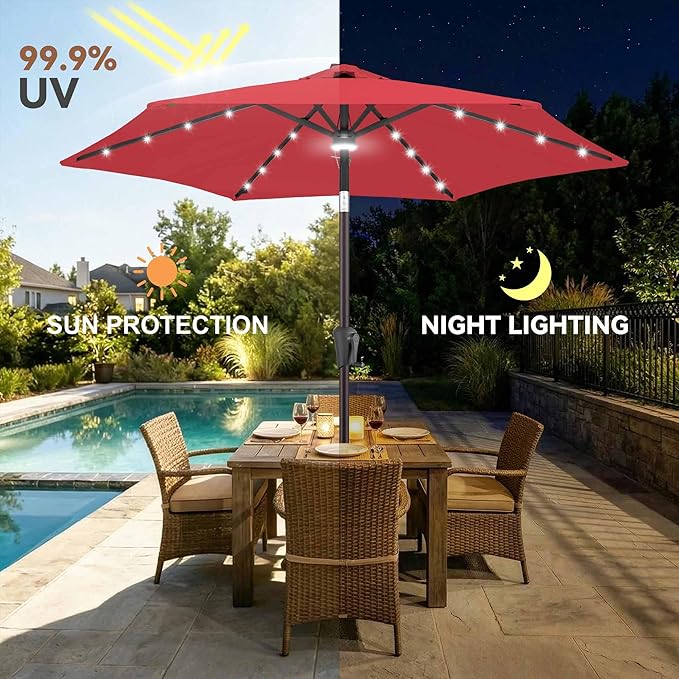 Jarka&Co 7.5ft Solar Patio Umbrella - Lighted Solar Outdoor Umbrella with 24 LED Lights Waterprool UV Protection, Market Table Umbrella with Tilt for Backyard, Garden, Pool, Porch (Red)