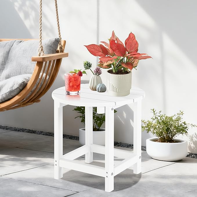 LZRS Adirondack Patio Side Table End Table, Outdoor Coffee Tables for Patio, Backyard,Pool, Indoor Companion, Easy Maintenance & Weather Resistant(White)