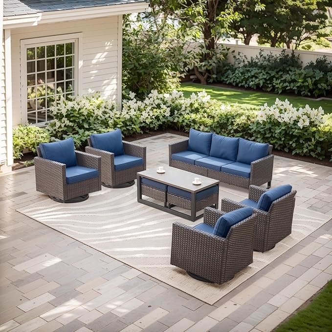 Rilyson Wicker Outdoor Patio Furniture Set - 8 Piece Patio Conversation Set with 4 Swivel Rocker Chairs,2 Rattan Ottoman,1 Couch and 1 Metal Coffee Table for Outside Porch Deck Backyard(Brown/Blue)