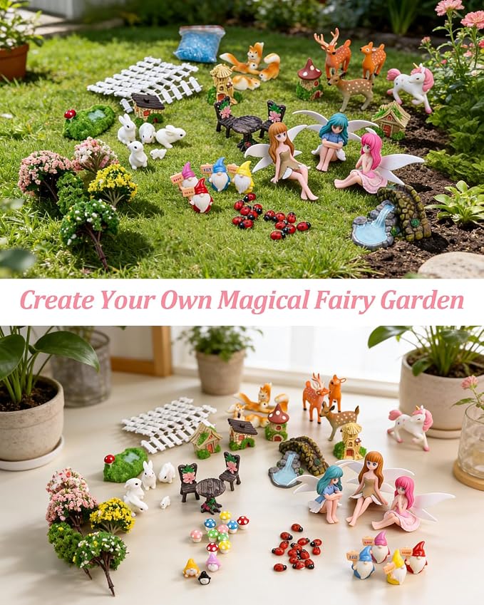 Avalution 70 Pcs Fairy Garden Accessories Kit – Miniature DIY Fairy Garden Accessories, Indoor & Outdoor Garden Decorations, Weather Resistant, Gift Bags Included