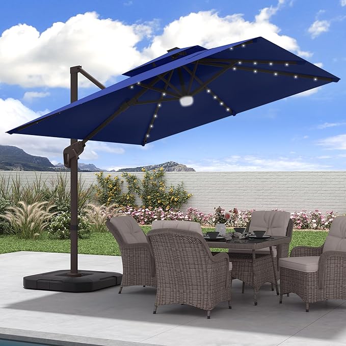 JZAC & QZYD 9x9 FT Outdoor Cantilever Patio Umbrella with Solar LED Lights, Large Heavy Duty 2-Tier Canopy Square Aluminum Offset Umbrellas with 360-Degree Rotation for Pool Deck Backyard, Navy
