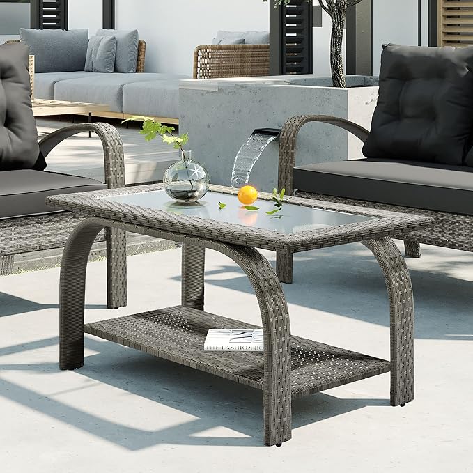 4-Piece Sectional Rattan Patio Furniture Set, All-Weather PE Wicker Sofa Set, Outdoor Patio Conversation Set with Tempered Glass Storage Coffee Table for Backyard, Poolside