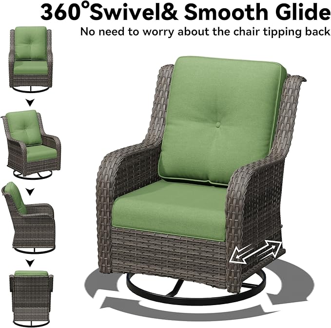 Outdoor Swivel Rocker Patio Chair - Outdoor Wicker Patio Furniture with Thickened Olefin Cushions, High Back and Deep Seating, Hand-Woven PE Rattan for Porch, Deck, Balcony, Green