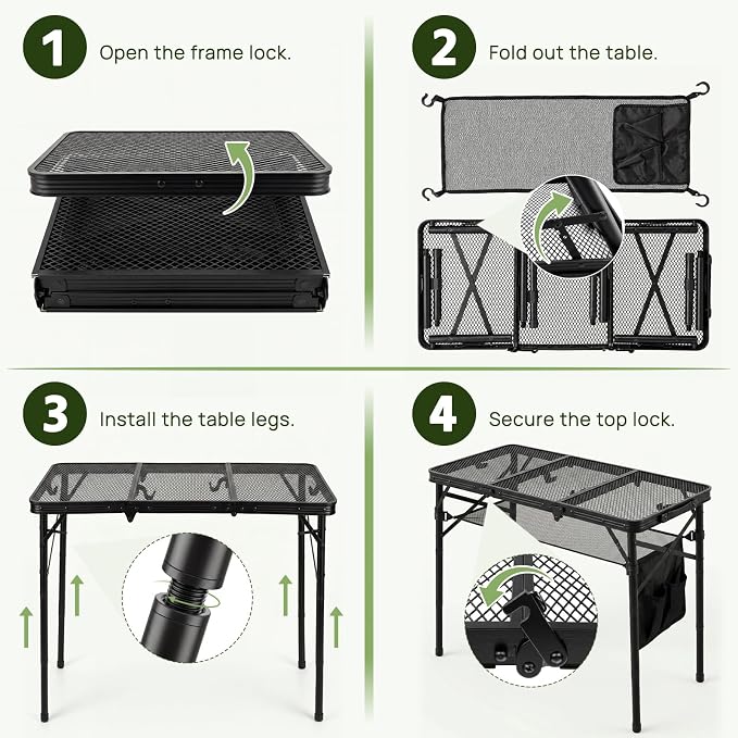 Folding Grill Table, 34"x16" Portable Camping Table with Storage Pocket, Heat Resistant & Waterproof Outdoor Picnic Table, Sturdy Lightweight for Travel Cooking BBQ, Camping, Backyard