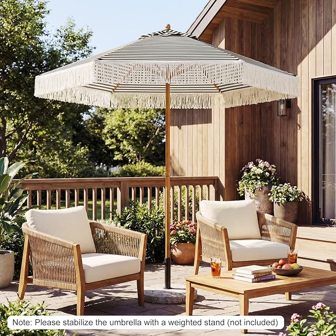 HAPPYGRILL 7 FT Patio Umbrella with Fringe, Outdoor Tassel Umbrella w/Sun-Protective Polyester Canopy, Wood-like Aluminum Pole, Air Vent, Boho Market Table Umbrella for Beach Backyard Poolside