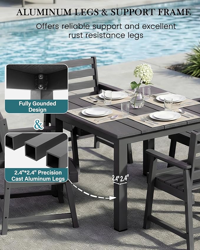 LOUNZY 5-Piece HDPE Patio Dining Set - Outdoor Square Table with 2" Hole Cut-Out & 4 Chairs,Gray