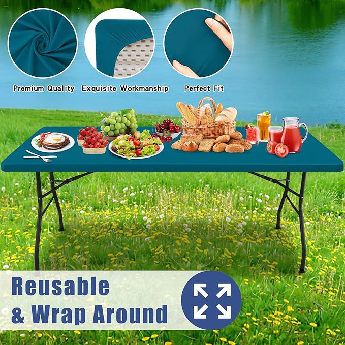 Moosfor Spandex 4 Foot Rectangle Table Cloth 2 Pack, Elastic Fitted Tablecloths for Picnic, Stretch Washable Patio Table Cover for Outdoor, Camping, Banquet and Parties (Peacock Blue, 30"x48")