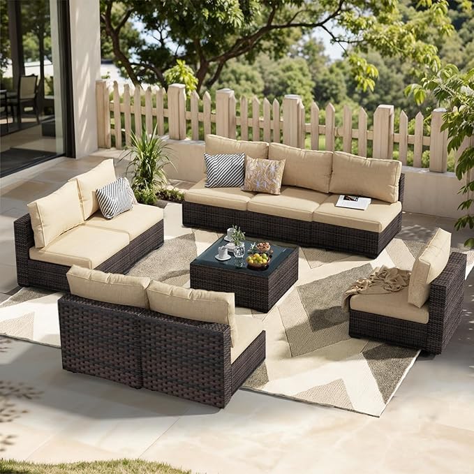 Patio Furniture Set 9 Piece All Weather PE Rattan Outdoor Sectional Sofa Couch with 8 x armless Sofa, No-Slip Cushions and Glass Top Table for Garden, Poolside, Backyard (Beige)